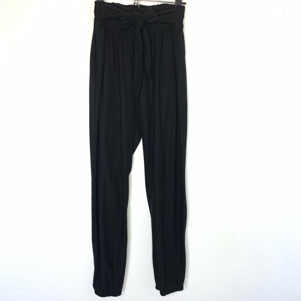 Lounge Pants Sweater Material Black Tie At Waist
